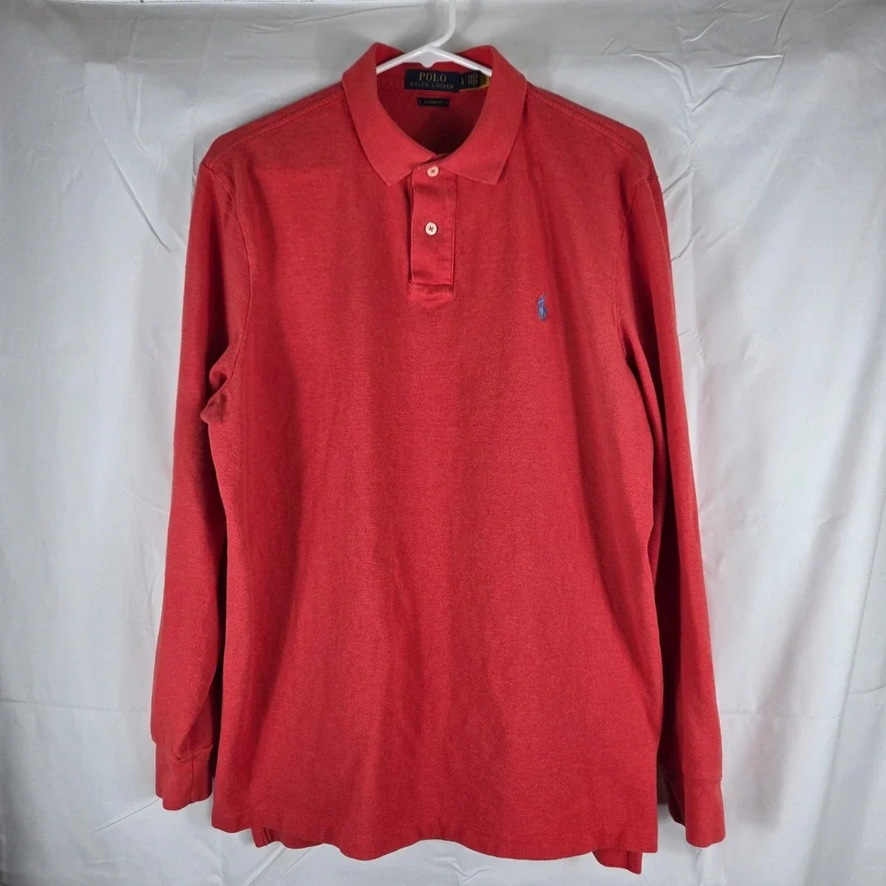 Polo Ralph Lauren Mens Classic Fit Long Sleeve Polo Shirt Red Large L Cotton